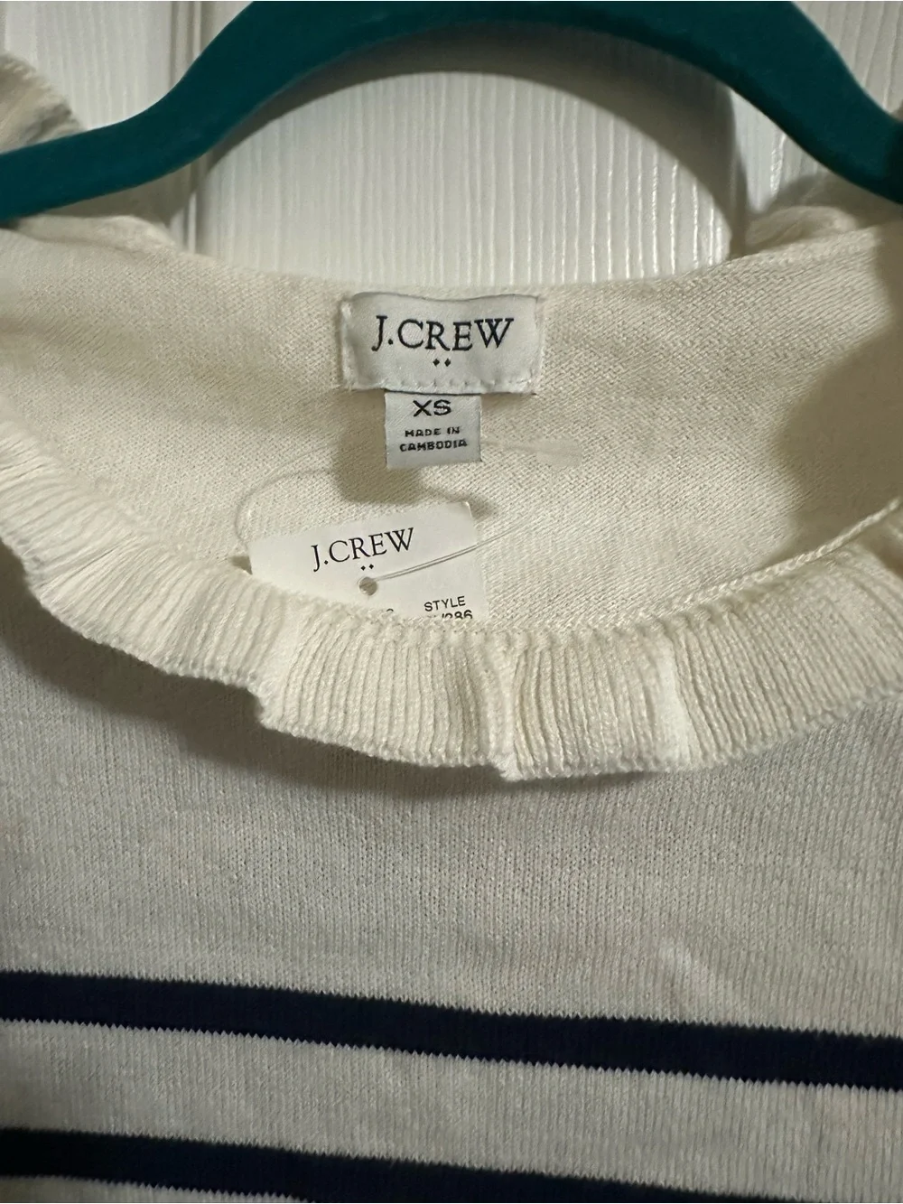 J. Crew Cream and Navy Striped Ruffleneck Sweater NWT XS